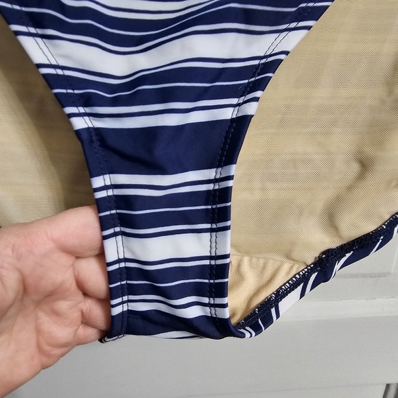 Cacique Tummy Control Navy Blue Striped Bikini Bottom - Picture 4 of 6